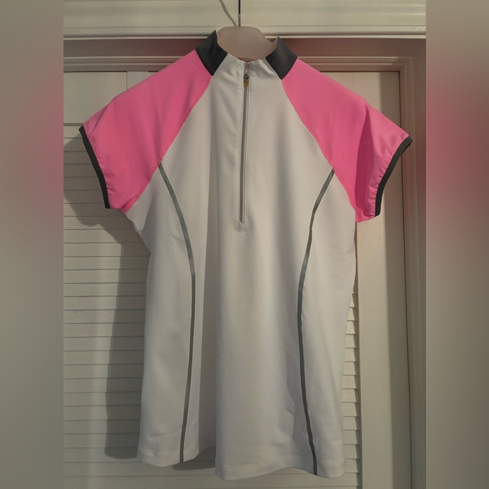 White & Pink Short Sleeve Athletic Zip Top
